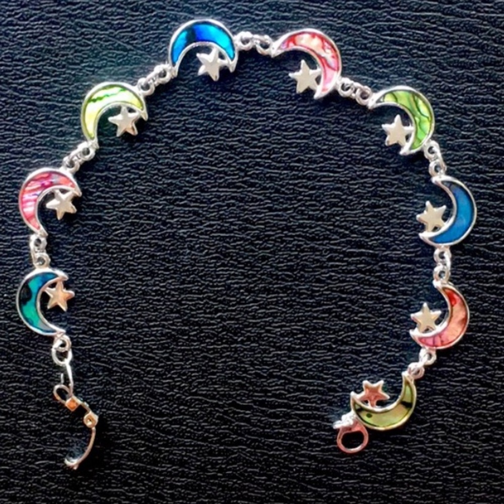 Vintage Silver Tone Half Moons & Stars Bracelet with Abalone Shell